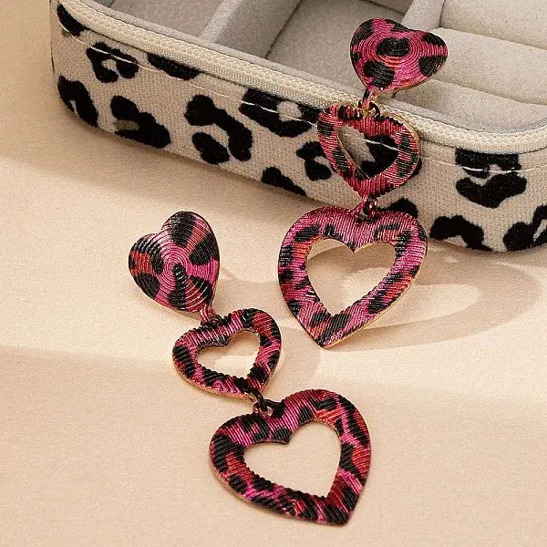 Heart with Leopard Print Alloy Tassel Stud Earrings