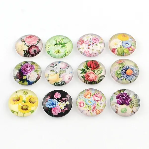 Half Round/Dome Floral Pattern Glass Flatback Cabochons for DIY Projects