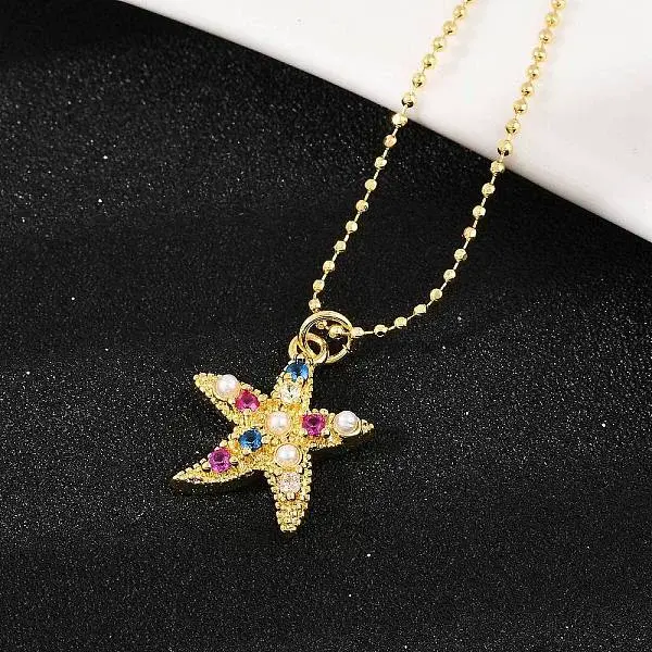 Brass Pave Cubic Zirconia and Plastic Beads Pendant Necklaces