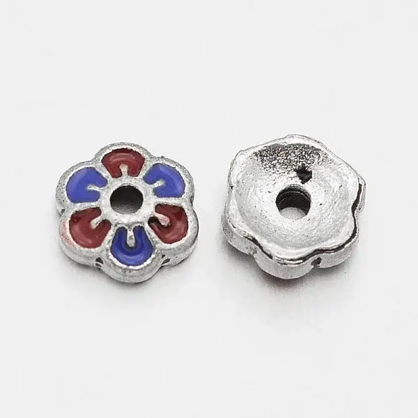 Antique Silver Plated Flower Alloy Enamel Bead Caps