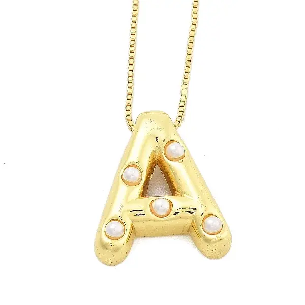 Brass & Plastic Pearl Letter Pendant Box Chain Necklaces for Women