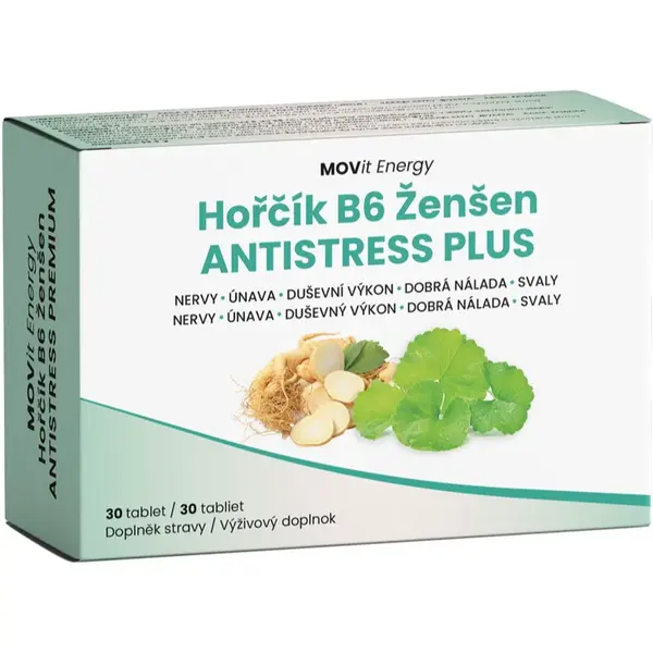 Movit Energy Hořčík B6 Ženšen ANTISTRESS PLUS tablety na podporu normálnej činnosti nervovej sústavy, svalov, zubov a zníženie únavy 30 tbl