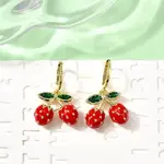 Brass Enamel Strawberry Dangle Earrings