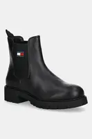 Boty s gumou Tommy Jeans TJW CHELSEA LEATHER BOOT dámské, černá barva, na plochém podpatku, EN0EN02825