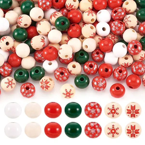 140Pcs 7 Styles Painted Natural Wood European Beads