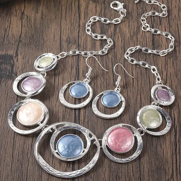 Ring with Flat Round Zinc Alloy Enamel Pendant Necklace & Dangle Earrings Sets