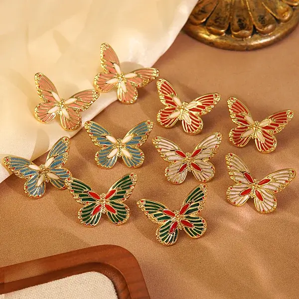 304 Stainless Steel Enamel Butterfly Stud Earrings