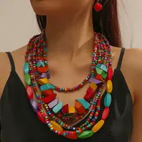 Bohemian Style Wood Beaded Multilayer Necklaces & Dangle Earrings Sets