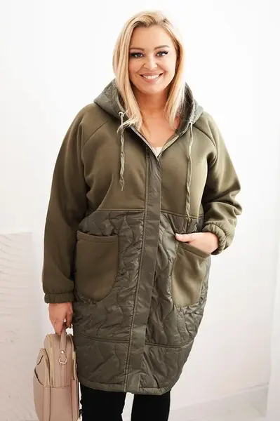 Kesi Dámská prošívaná mikina Plus Size s kapucí a velkými kapsami khaki