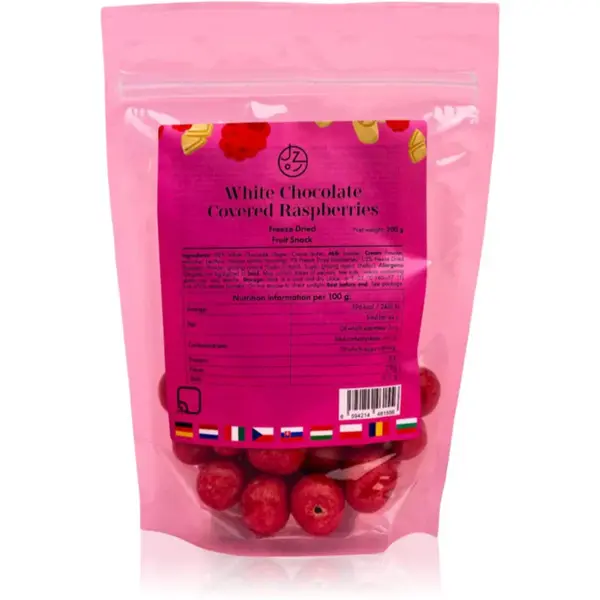 Jíme zdravě Lyofilizované maliny v bílé čokoládě mrazem sušené ovoce v čokoládě 200 g