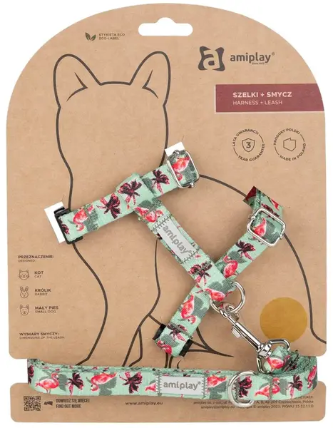 Amiplay Kšíry pro kočku s vodítkem BeHappyCat Flamingo | Postroje pro kočky - M
