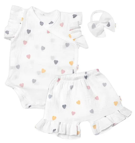 Baby Nellys Zavinovací body, kraťasky + čelenka, mušelín, Srdíčko vel.  86