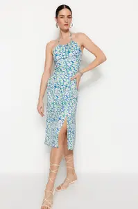 Trendyol modré midi tkané šaty s výstřihem kolem krku