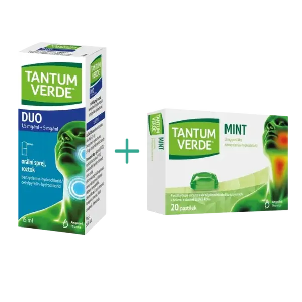 TANTUM VERDE DUO 1,5 mg/ml + 5 mg/ml orální sprej, roztok a Tantum Verde Mint 3mg 20 pastilek 15 ml