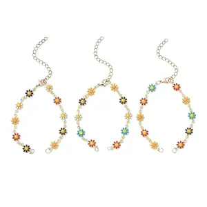 Brass Enamel Daisy Flower Link Chain Bracelet Making