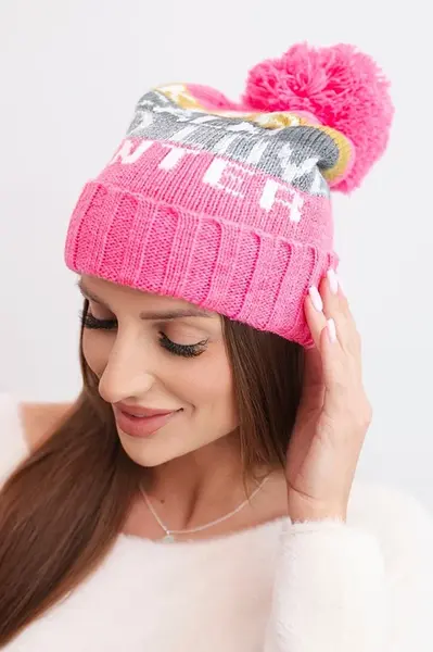 Kesi Dámská zimní čepice s vlnou a nápisem s velkým bambulí K422 světle růžová