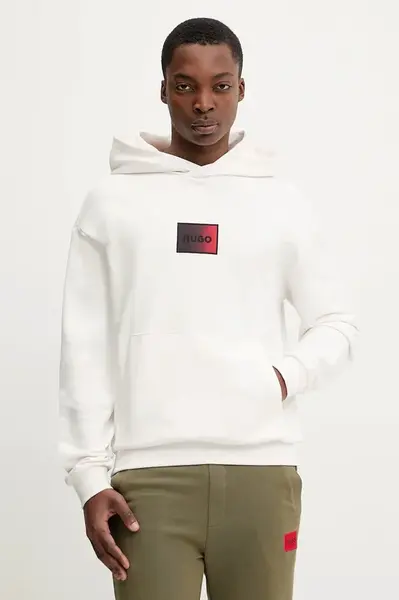 Bavlněná mikina HUGO Danohood pánská, béžová barva, s kapucí, s potiskem, 50553145
