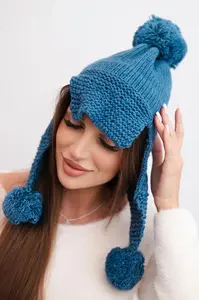 Kesi Dámská zimní čepice s vlnou, s kšiltem a bambulemi K475 jeansová