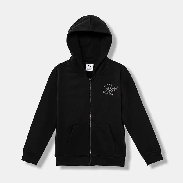 Dětská mikina Puma ESS SCRIPT Full-Zip Hoodie FL G černá barva, s kapucí, s aplikací, 689253
