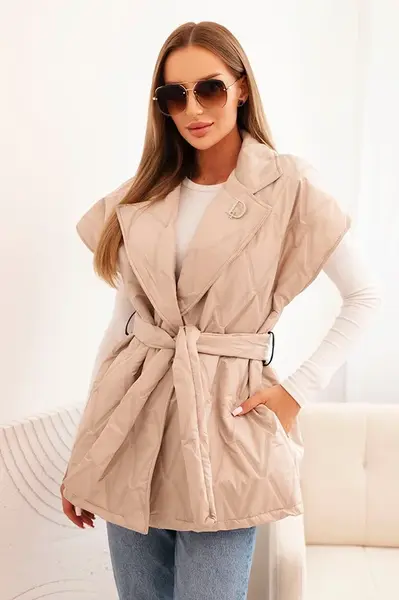 Kesi Włoski Dámská prošívaná vesta s páskem a širokým límcem tmavě béžová