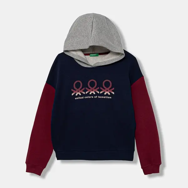 Dětská bavlněná mikina United Colors of Benetton tmavomodrá barva, s kapucí, s potiskem, 3J68C204W