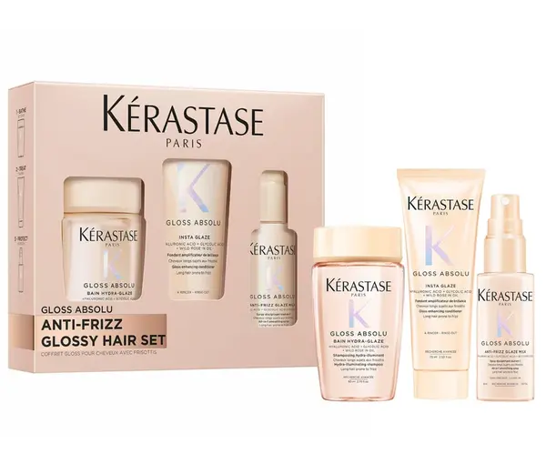 Dárková sada pro hydrataci a lesk vlasů se sklonem ke krepatění Kérastase Gloss Absolu Anti-frizz Glossy Hair Set + dárek zdarma