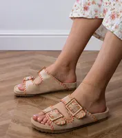 Gemre Beige slides with buckles and embroidery on straps Kim