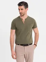 Ombre Men's T-shirt with button neckline and suede trim - dark olive