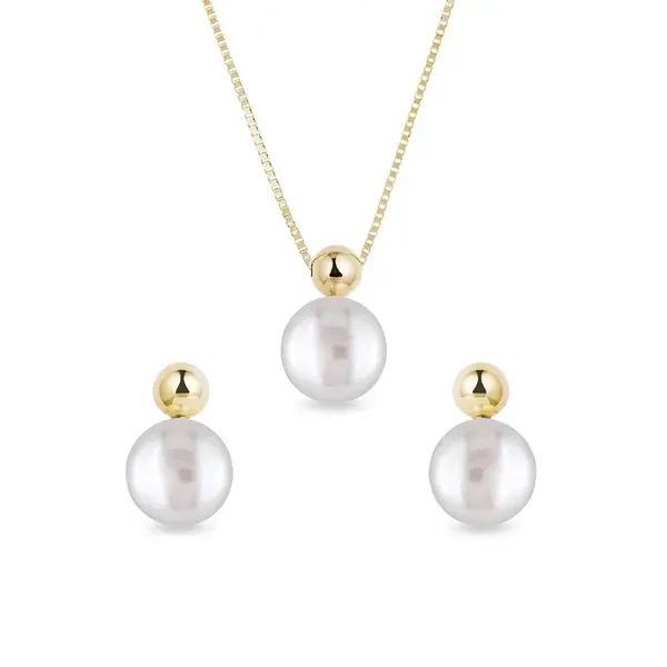 Súprava moderných perlových šperkov zo žltého zlata KLENOTA