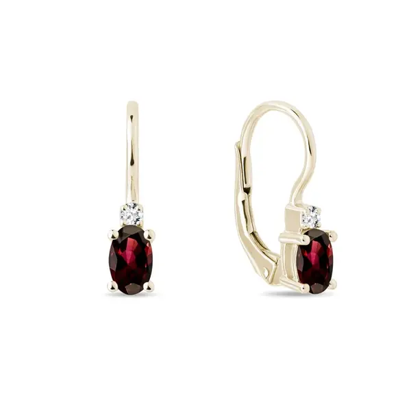 Zlaté náušnice s briliantmi a oválnymi granátmi KLENOTA