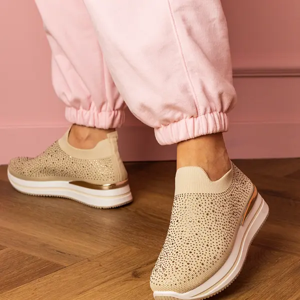 marka niezdefiniowana Beige women's platform sneakers with rhinestones Luizet