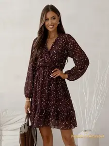 Resti Patterned Women's mini dress with ruffles and wrap neckline