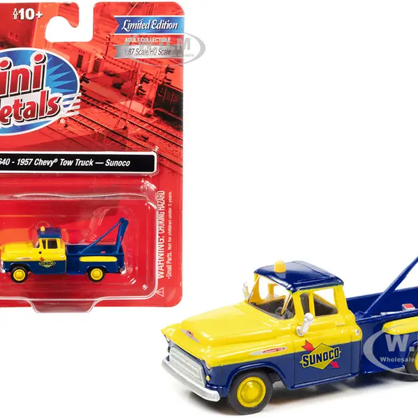 1957 Chevrolet Stepside Tow Truck "Sunoco" Blue and Yellow 1/87 (HO) Scale Model Car by Classic Metal Works