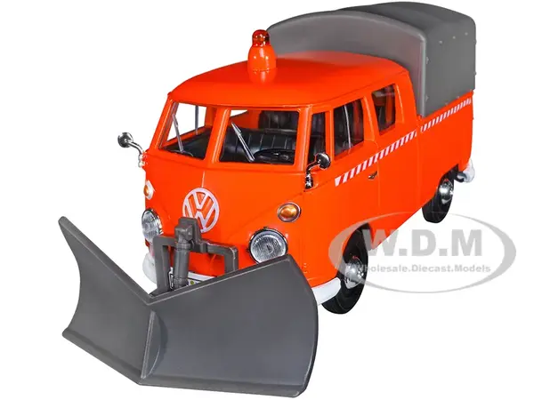 Volkswagen Type 2 (T1) Pickup Truck Orange with Snow Plow and Camper Shell 1/24 Diecast Model Car by Motormax
