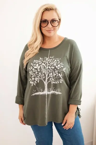 Kesi Włoski Dámská blůza Plus Size bavlněná s potiskem stromu khaki
