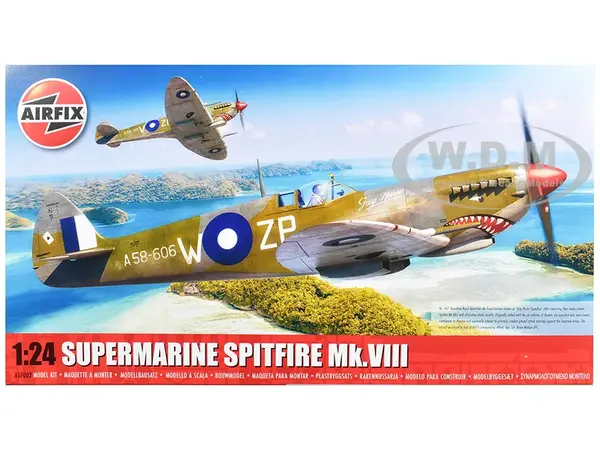 Level 4 Model Kit Supermarine Spitfire Mk.VIII Fighter Aircraft with 3 Scheme Options 1/24 Plastic Model Kit by Airfix