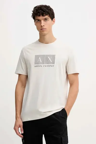Bavlněné tričko Armani Exchange pánské, béžová barva, s potiskem, XM001463 AF10356