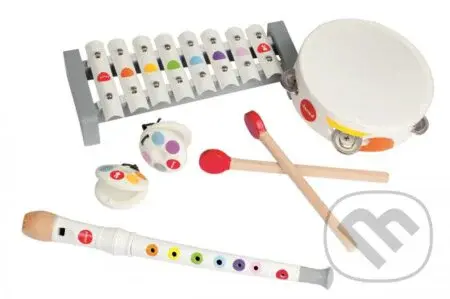 Drevená sada hudobné nástroje Confetti (flauta-tamburína-xylofón-kastanety)