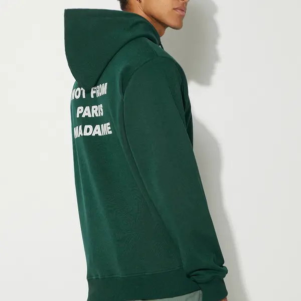 Bavlnená mikina Drôle de Monsieur Le Hoodie Slogan pánska, zelená farba, s kapucňou, s potlačou, PERM-HO162-CO127-DGN