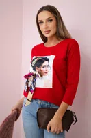 Halenka s grafikou a barevnou mašlí 3D červená