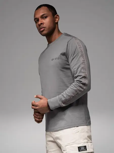 Ombre Men's cotton U-neck longsleeve with piping and chest print - grey