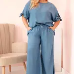 Kesi Włoski Dámská souprava Plus Size z tencelu, halenka s vázáním a široké kalhoty džínový