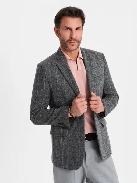 Ombre Elegant men's plaid blazer with wool blend - grey