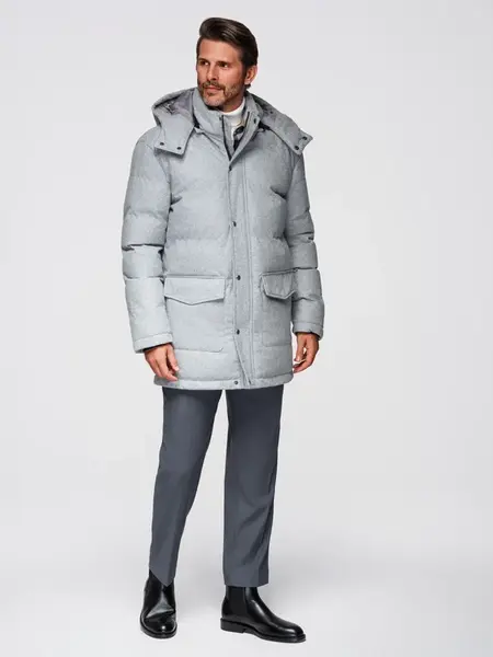Ombre Warm men's long parka jacket with wool - light grey melange