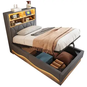 CHICFURN DĚTSKÁ POSTEL 90/200 cm v šedé barvě s úložným prostorem, LED a USB