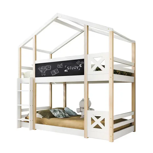 FLIEKS VYSOKÁ POSTEL 90x200cm Domeček Žebřík Přírodní Bílá