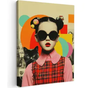 MuchoWow OBRAZ NA PLÁTNĚ Dívka - Sluneční brýle - Kočka - Retro 30x40 cm