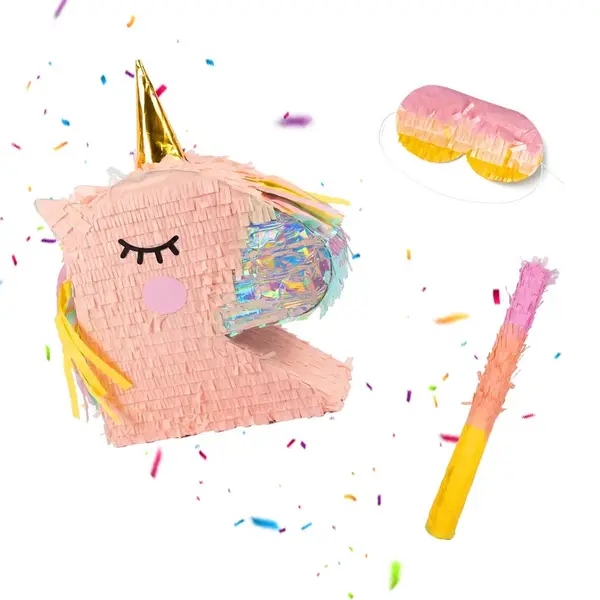 Relaxdays PIÑATA Hnědá hlava jednorožce 3dílná-sada s holí a maskou