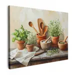 MuchoWow OBRAZ NA PLÁTNĚ Hrnce - Bylinky - Dřevo 80x60 cm