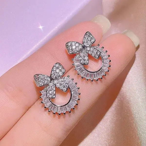 Bowknot & Ring Alloy Clear Cubic Zirconia Stud Earrings